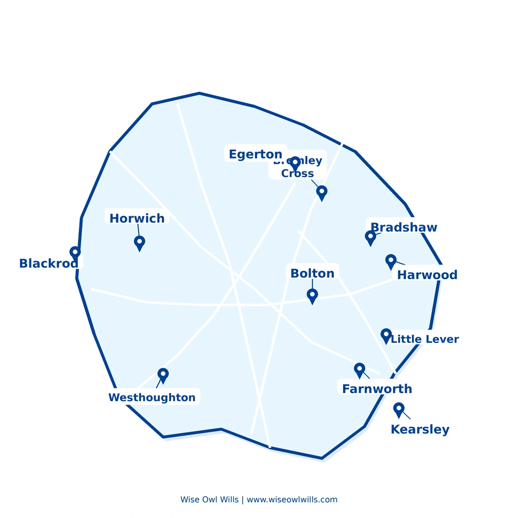 Map showing Bolton Will writing service areas including Horwich, Farnworth, Westhoughton, Kearsley and Little Lever