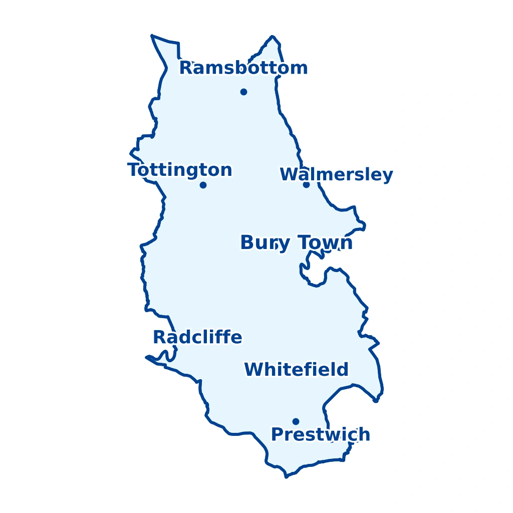 Map of Bury metropolitan borough showing Bury Town, Ramsbottom, Tottington, Walmersley, Radcliffe, Whitefield and Prestwich for Wise Owl Wills.