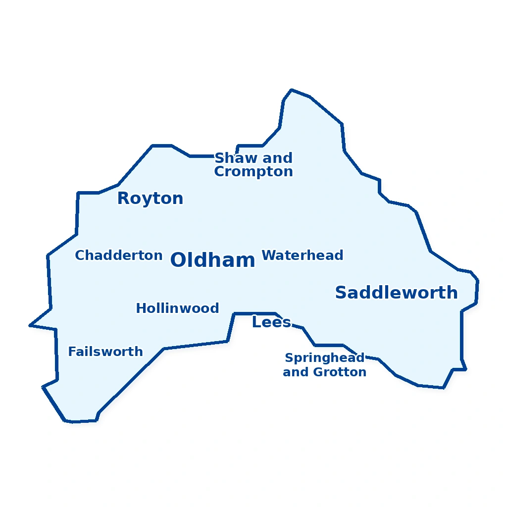 Map of Will writing service areas in the Metropolitan Borough of Oldham, including Oldham, Chadderton, Failsworth, Hollinwood, Lees, Royton, Saddleworth, Shaw and Crompton, Springhead and Grotton, and Waterhead