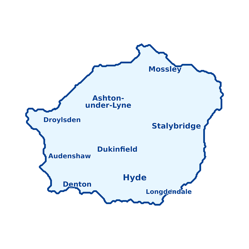 Map of Tameside service areas for Wise Owl Wills, including Ashton-under-Lyne, Hyde, Stalybridge, Dukinfield, Droylsden, Denton, Mossley, Audenshaw and Longdendale.