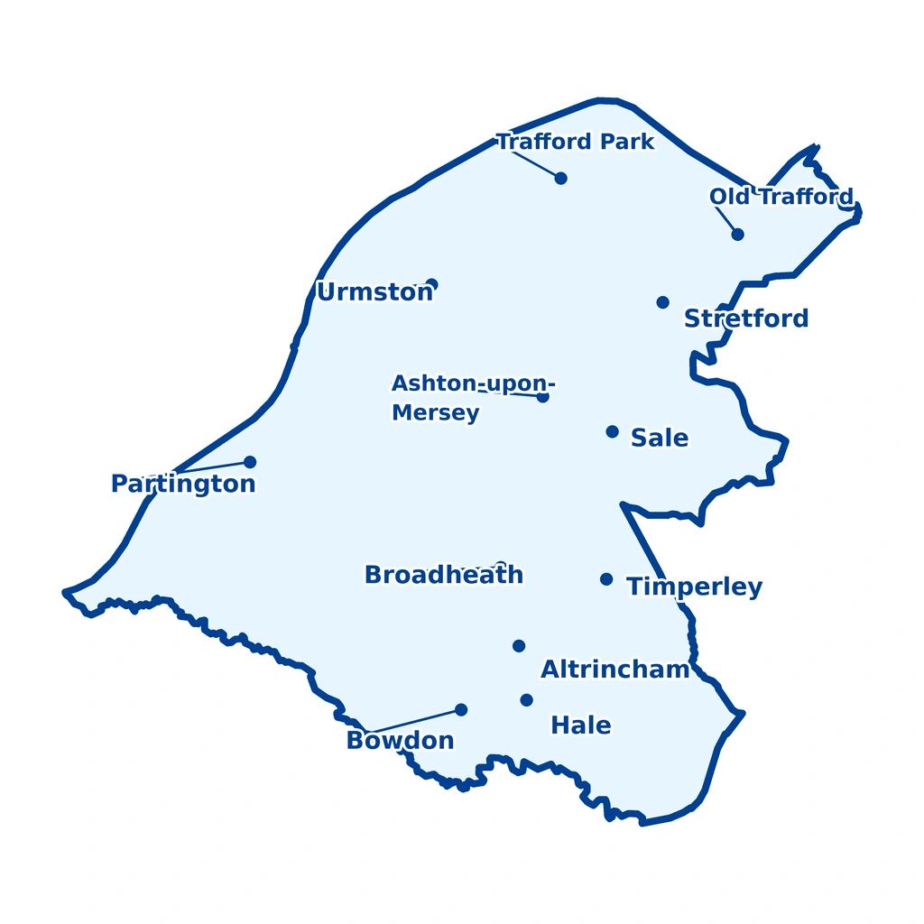 Map of Trafford will writing service areas for Wise Owl Wills, including Altrincham, Sale, Stretford, Urmston, Hale, Bowdon, Timperley and Old Trafford.