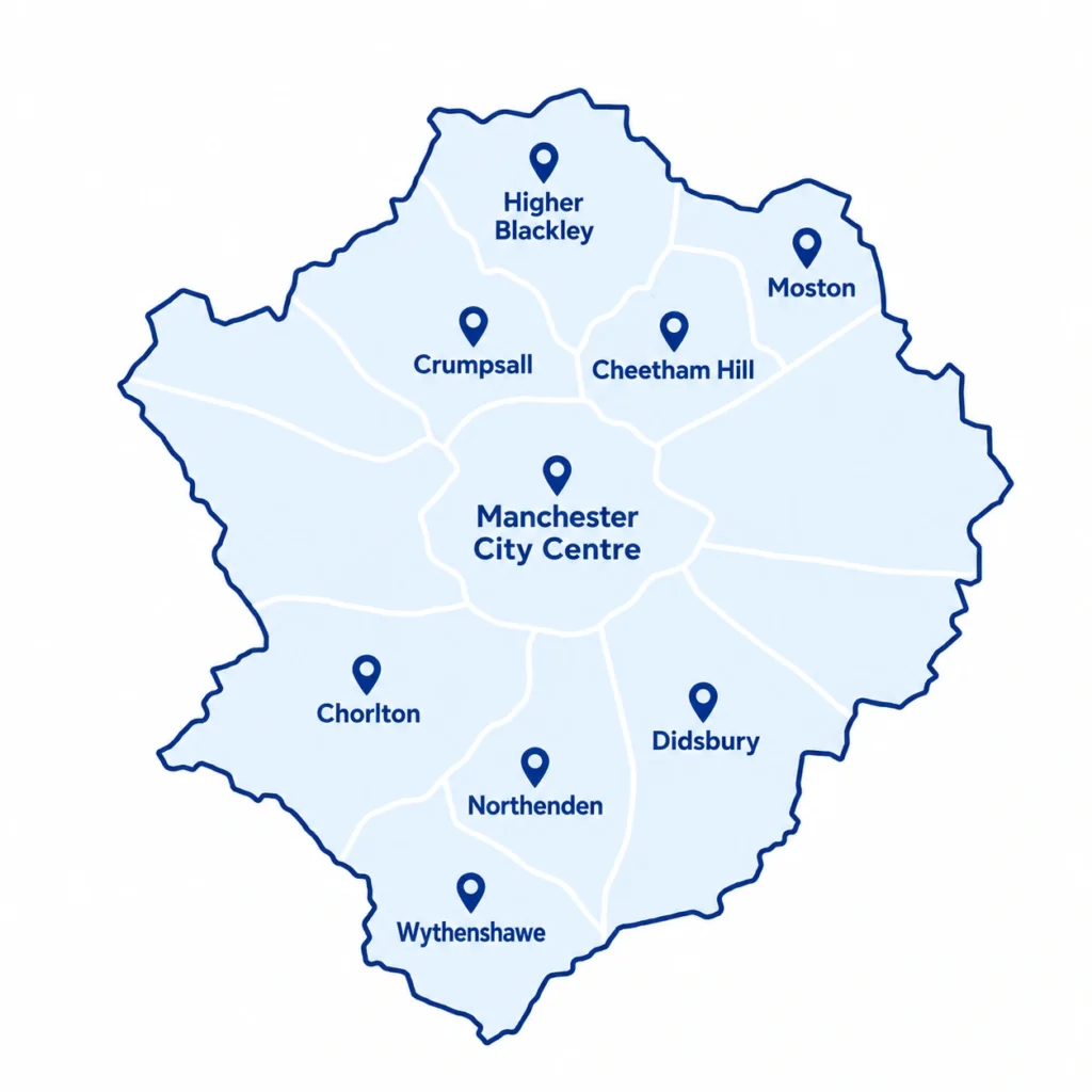 Map showing City of Manchester Will writing service areas including Didsbury, Chorlton, Wythenshawe, Moston and Manchester City Centre