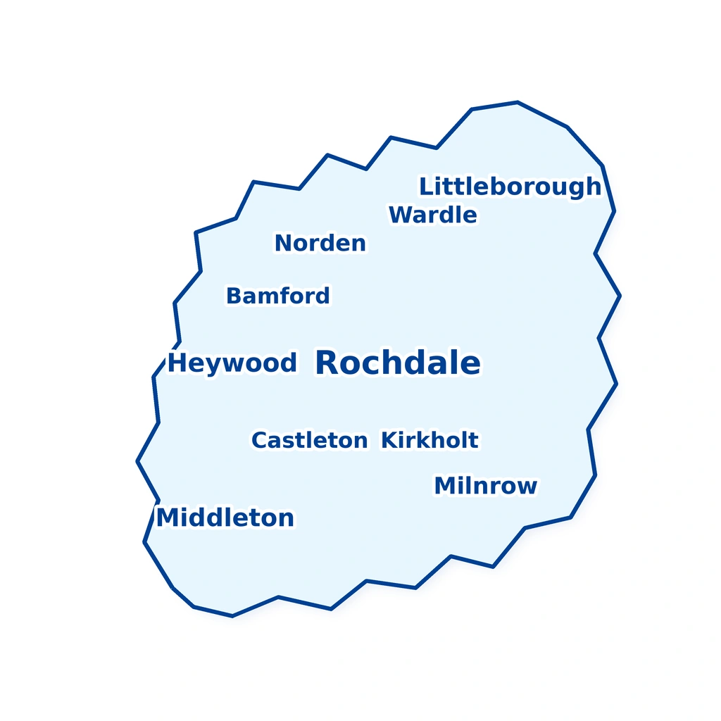 Map of Will writing service areas in the Metropolitan Borough of Rochdale, including Rochdale, Bamford, Castleton, Heywood, Kirkholt, Littleborough, Middleton, Milnrow, Norden and Wardle