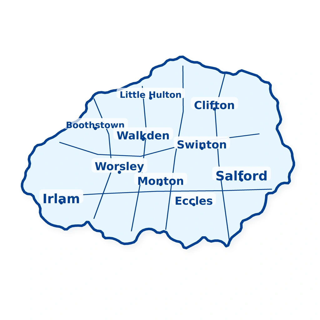 Map of the Salford Region showing Salford, Eccles, Swinton, Worsley, Walkden, Irlam, Boothstown, Clifton, Monton and Little Hulton