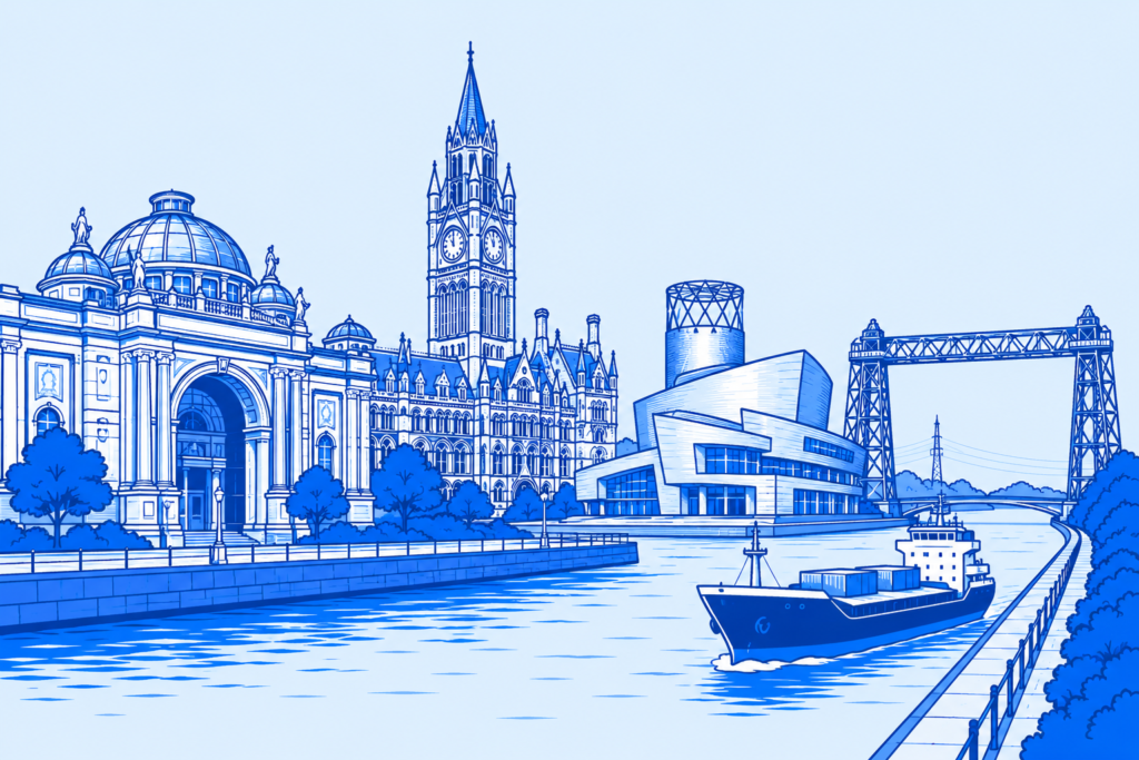 Blue illustrated Greater Manchester skyline for Wise Owl Wills professional Will drafting services
