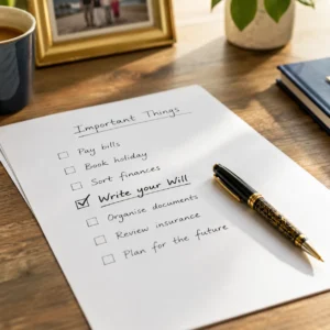 Checklist headed Important Things with “Write your Will” ticked beside a pen on a wooden desk