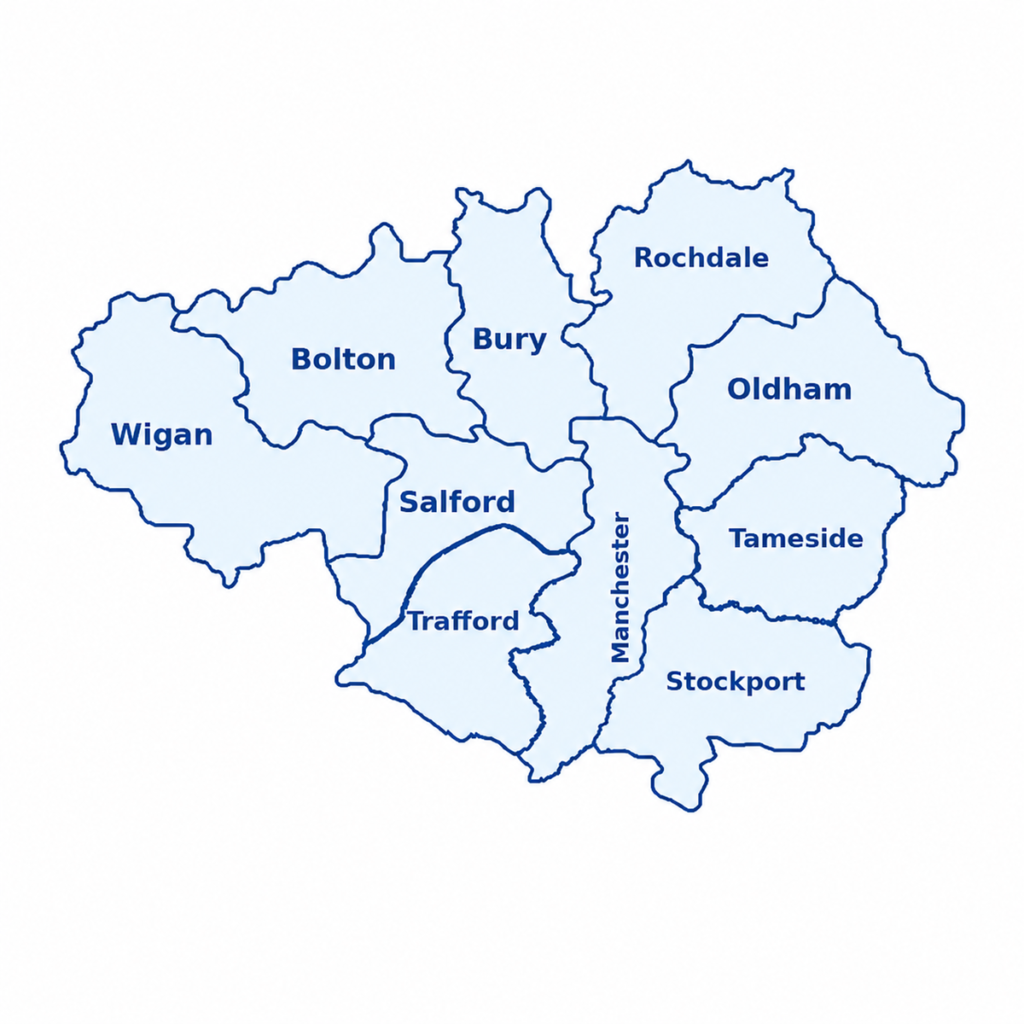 Map of Greater Manchester showing Wise Owl Wills service areas for professional Will drafting