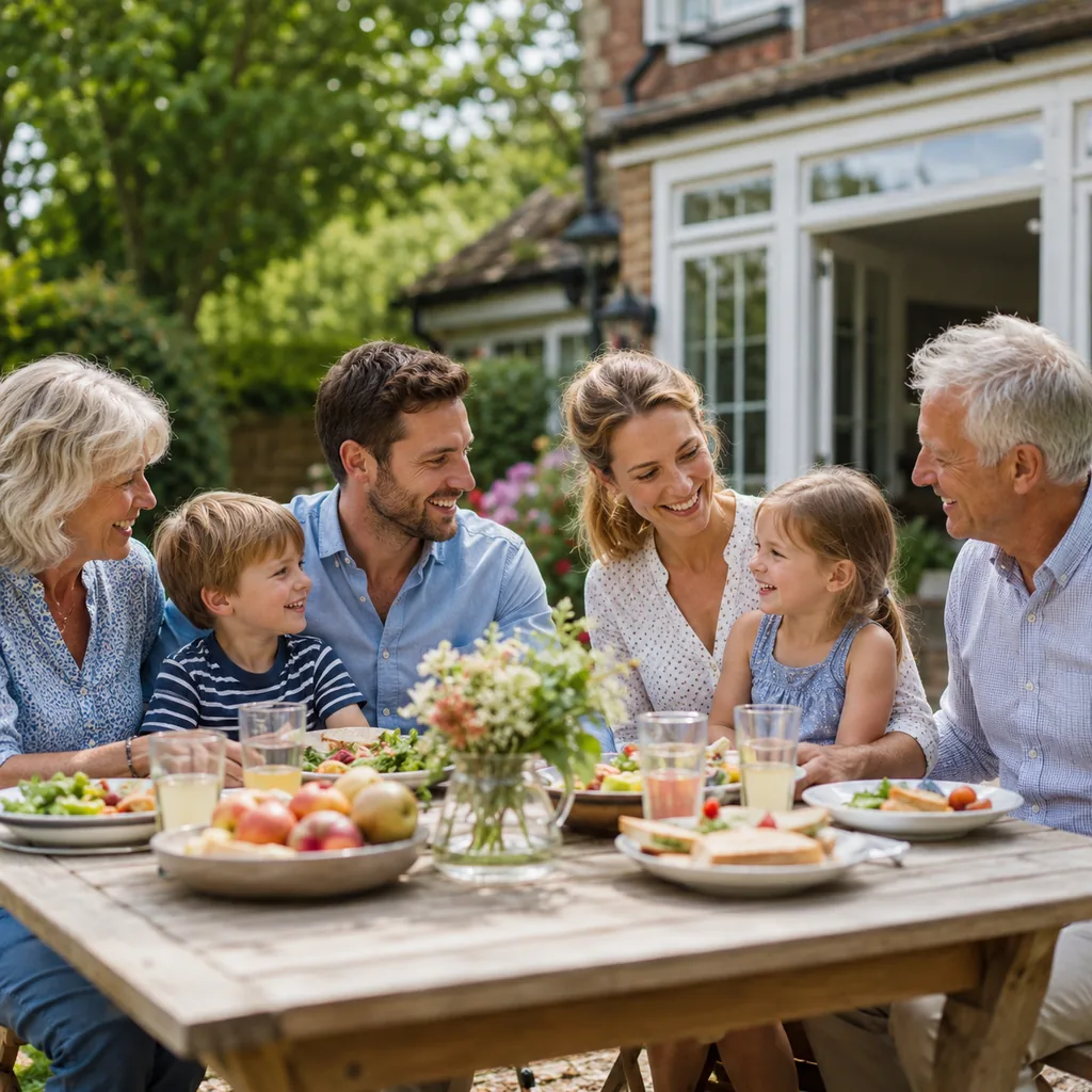 Multi-generation family enjoying a garden meal, representing Will writing and inheritance planning in Bolton