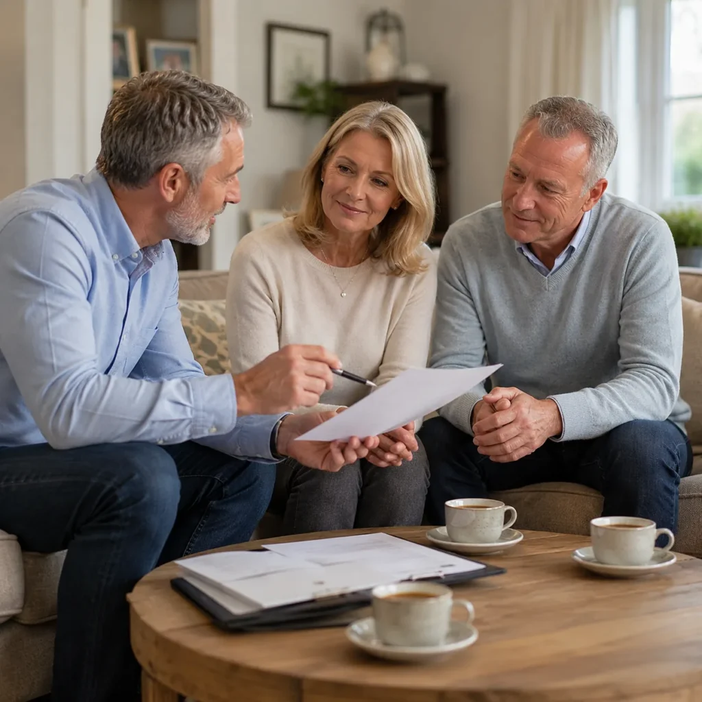 Wills adviser discussing will documents with a couple at home in Tameside, showing the free home visit will writing service available across the borough