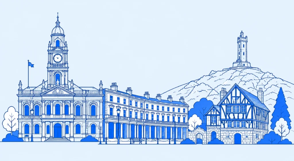 Blue line drawing of Bolton landmarks for Wise Owl Wills' Will writing services in Bolton.