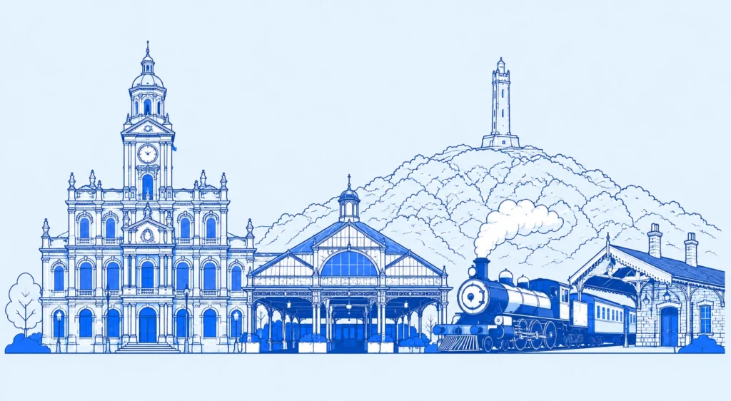 Blue line drawing of Bury landmarks for Wise Owl Wills' Will writing services in Bury.