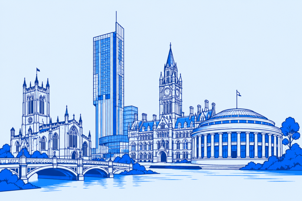 Blue line drawing of Manchester landmarks for Wise Owl Wills' Will writing services in Manchester.