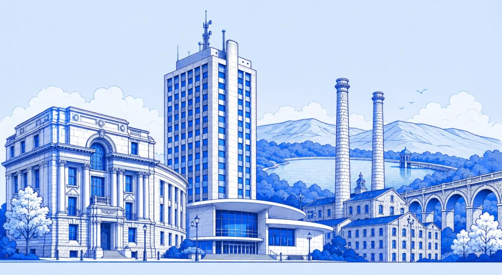 Blue line drawing of Oldham landmarks for Wise Owl Wills' Will writing services in Oldham.