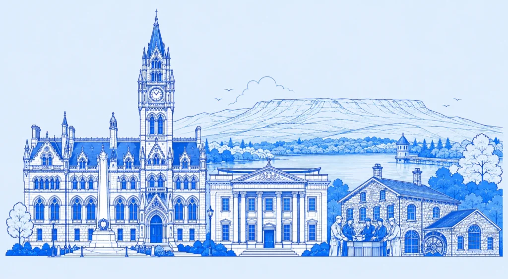 Blue line drawing of Rochdale landmarks for Wise Owl Wills' Will writing services in Rochdale.