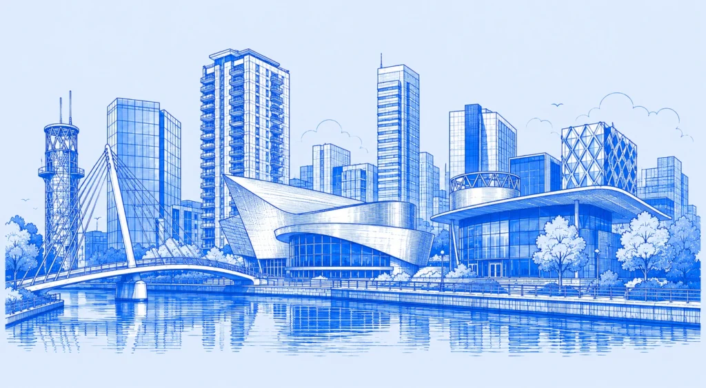 Blue line drawing of Salford Quays and MediaCity landmarks for Wise Owl Wills' Will writing services in Salford.