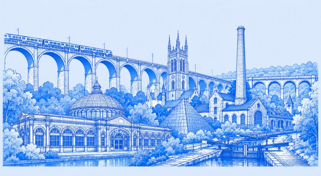 Blue line drawing of Stockport Viaduct and local landmarks for Wise Owl Wills' Will writing services in Stockport.