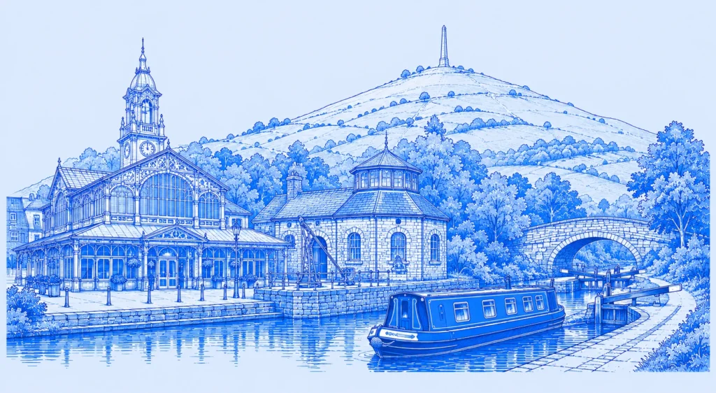 Blue line drawing of Tameside landmarks and canal scenery for Wise Owl Wills' Will writing services in Tameside.