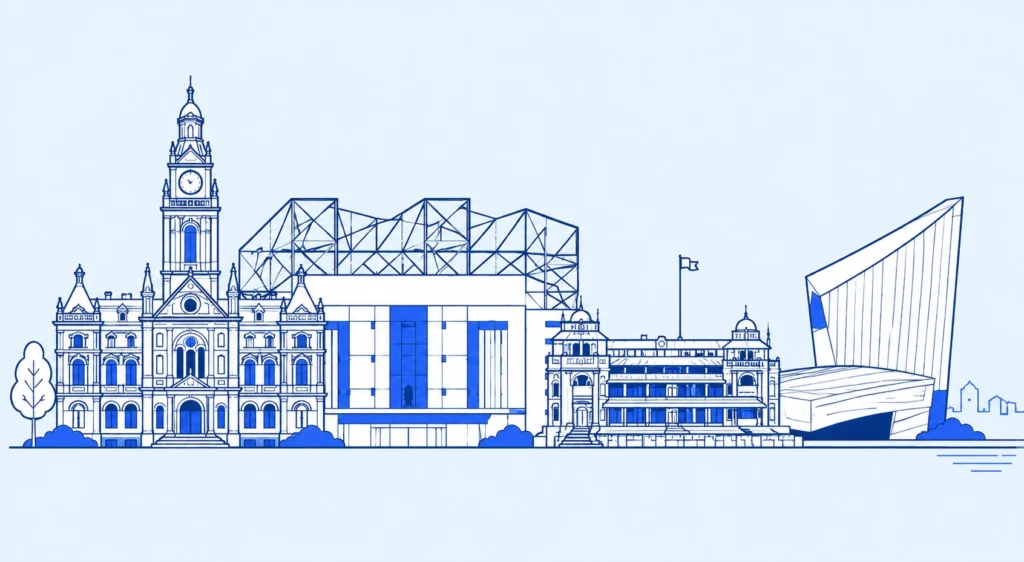 Blue line drawing of Trafford landmarks for Wise Owl Wills' Will writing services in Trafford.