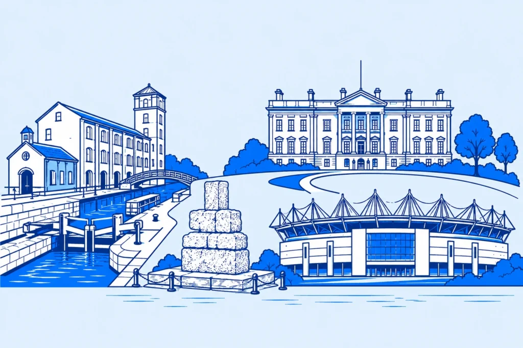 Blue line drawing of Wigan landmarks and canal heritage for Wise Owl Wills' Will writing services in Wigan.