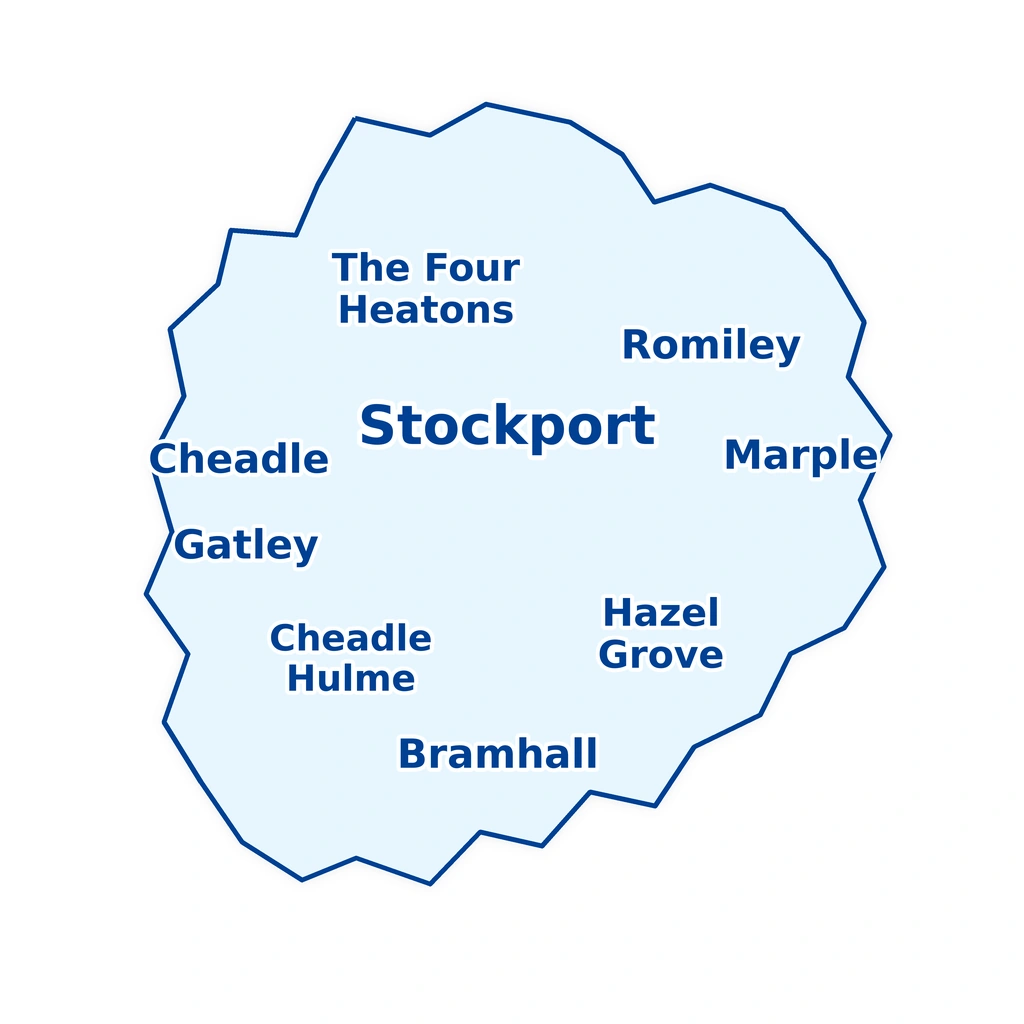 Map showing Stockport, Bramhall, Cheadle, Cheadle Hulme, Gatley, Hazel Grove, the Four Heatons, Marple and Romiley for Wise Owl Wills