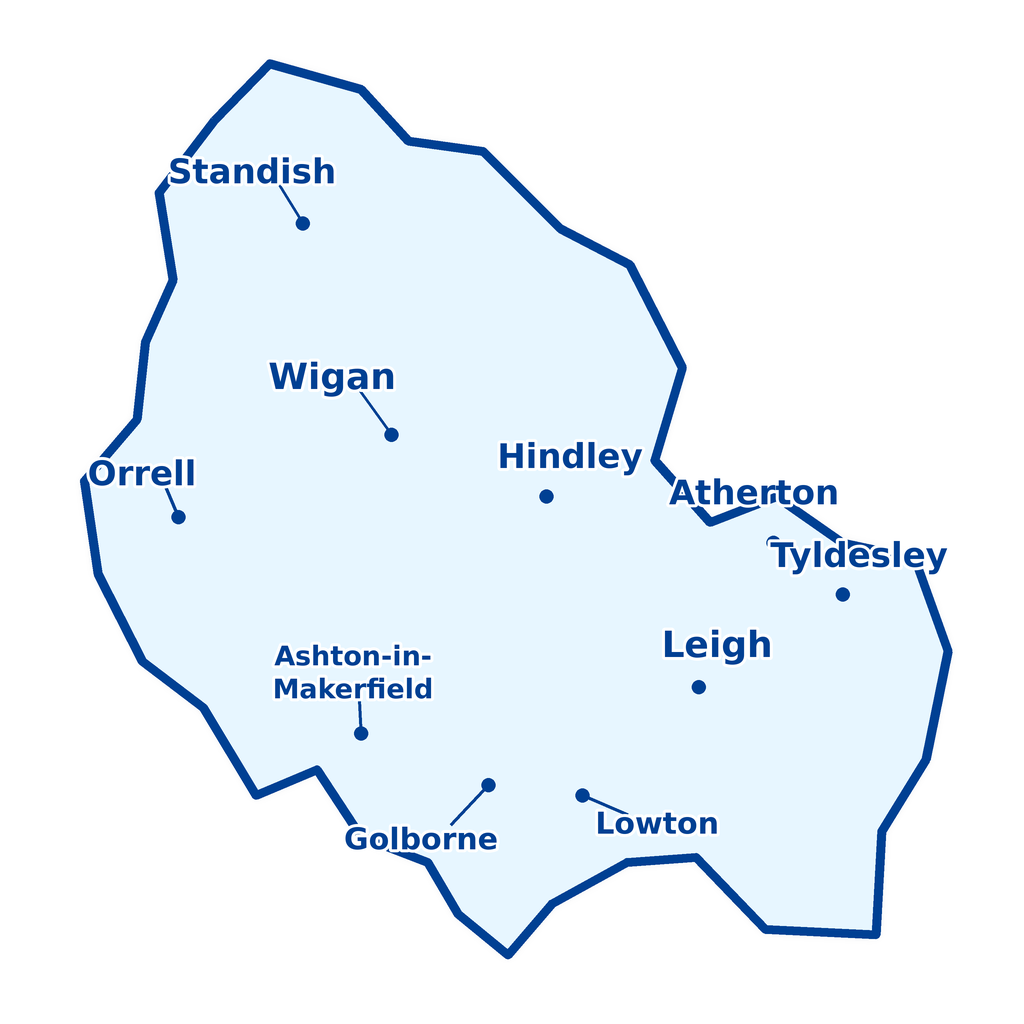 Map of the Metropolitan Borough of Wigan showing Wise Owl Wills service areas including Wigan, Leigh, Atherton, Tyldesley, Hindley, Standish, Orrell, Golborne, Lowton and Ashton-in-Makerfield