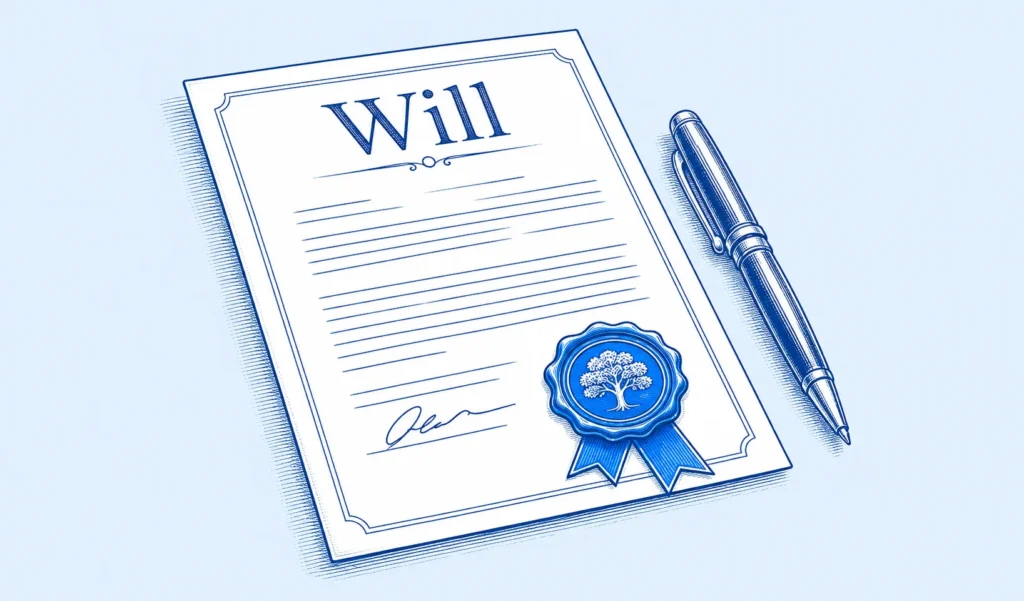 Line illustration of a basic Will document with a seal and pen, representing fixed fee Will drafting services in England and Wales.