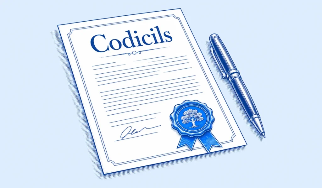Line illustration of a Codicil document with seal and pen, representing updates to an existing Will in Greater Manchester