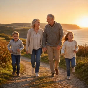 Family walking together at sunset, representing professional Will writing services in Stockport by Wise Owl Wills