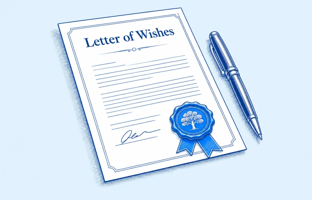 Blue line illustration of a Letter of Wishes document and pen for Wise Owl Wills estate planning guidance