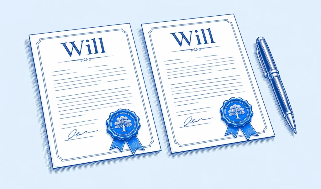 Two matching Will documents with seals and a pen, representing Mirror Wills for couples in Greater Manchester