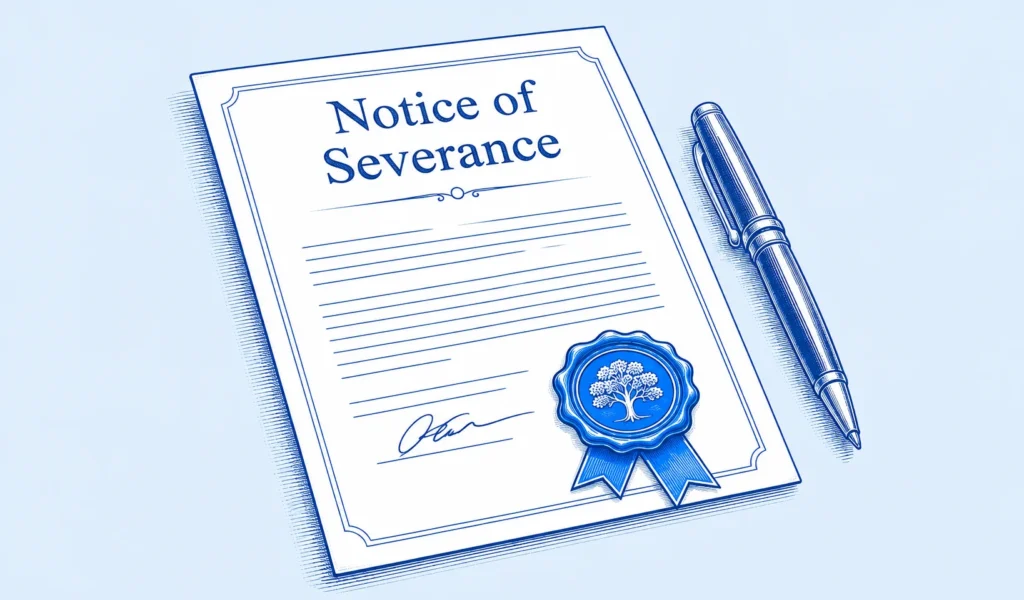 Blue line illustration of a Notice of Severance document and pen for Wise Owl Wills joint tenancy guidance