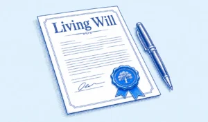 Illustrated Living Will document with a pen, signature and blue seal