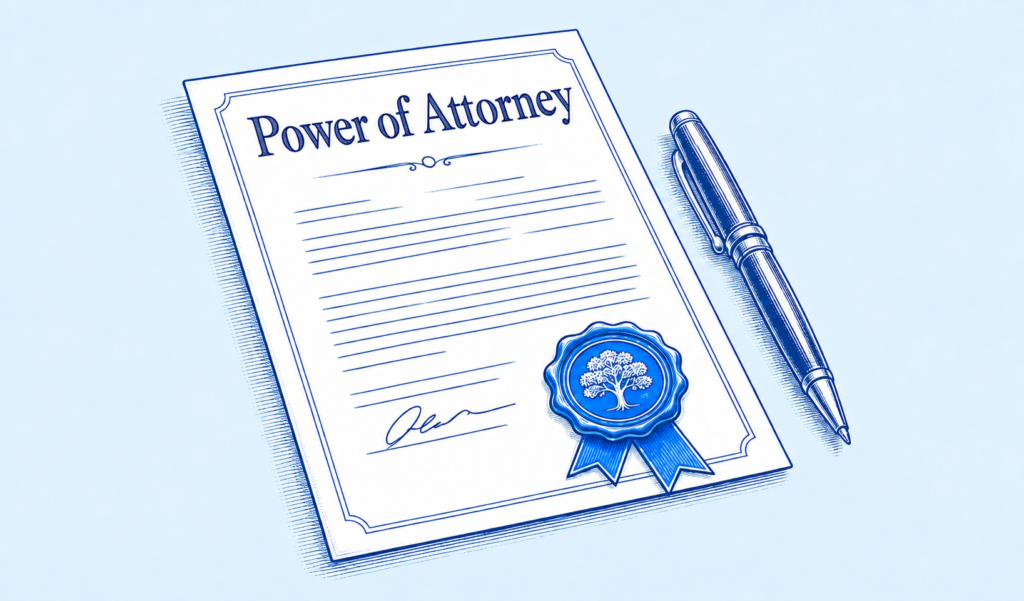 Illustration of a document headed “Power of Attorney”, with a fountain pen and blue seal.