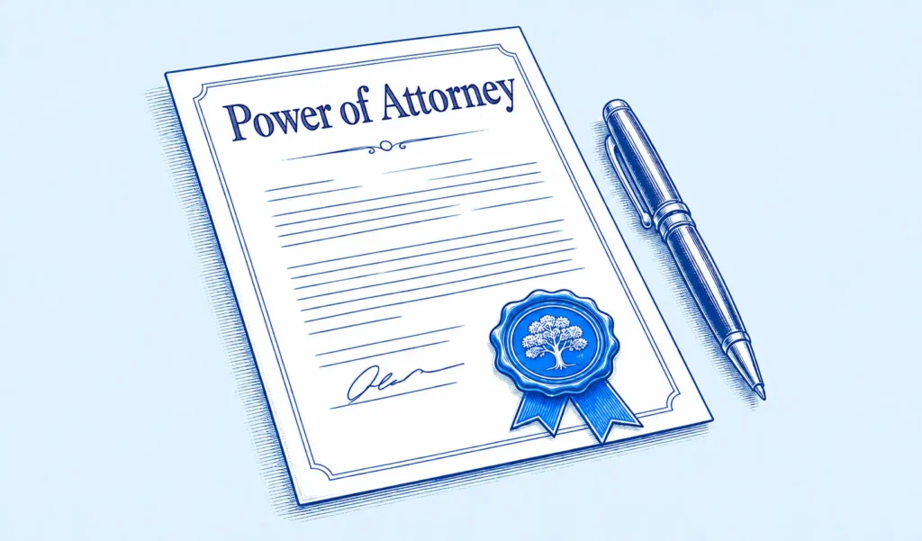 Blue illustration of a Lasting Power of Attorney document with a pen and official seal