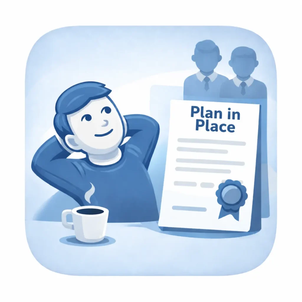 Illustration of a relaxed client beside a completed estate planning document marked “Plan in Place”