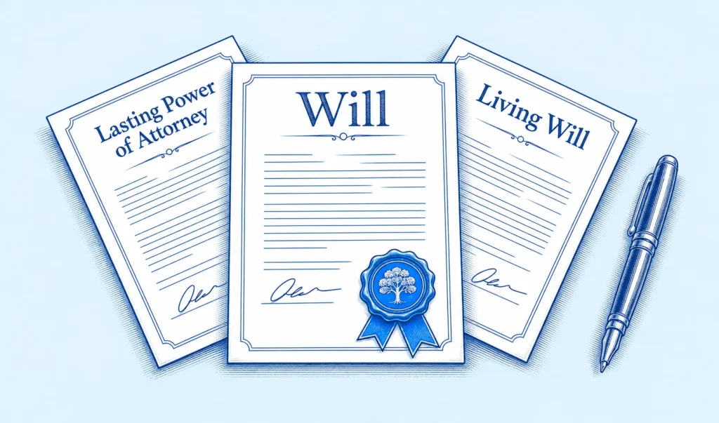 Illustration of a Will, Lasting Power of Attorney and Living Will arranged beside a pen