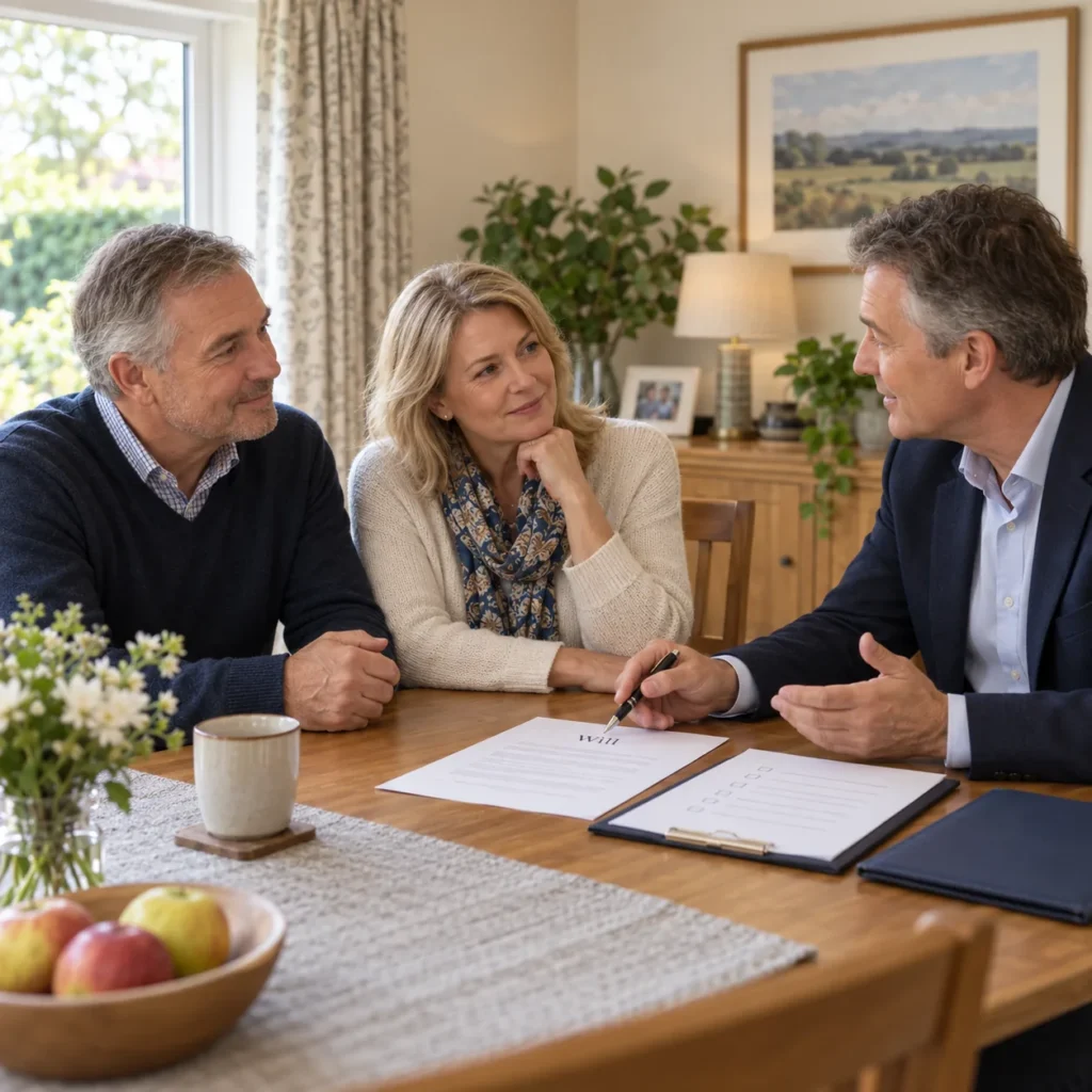Couple discussing a draft Will and planning checklist with a Will writer at their dining table
