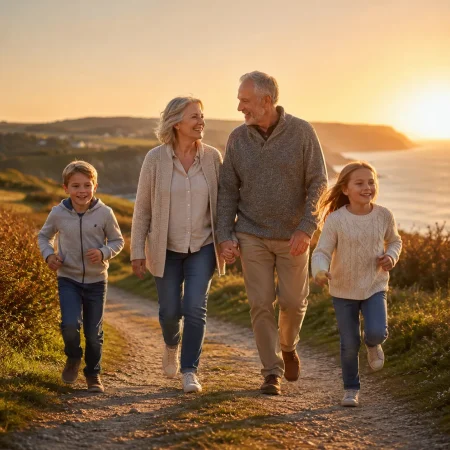 Older couple and two children walking along a coastal path at sunset, representing family security and planning for the future