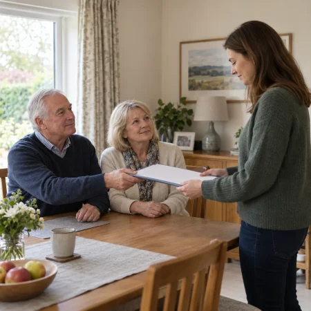 Older couple giving Lasting Power of Attorney documents to an adviser at home