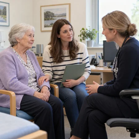 Older woman and her companion discussing health and care decisions with a doctor