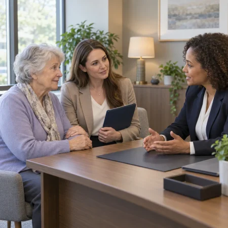 Older woman and her companion discussing property and financial affairs with a professional adviser