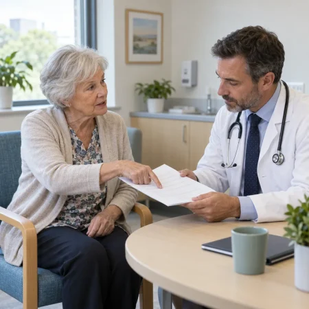 Older woman discussing a Living Will and future medical treatment with her doctor