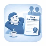 Blue illustration of a relaxed person beside a document labelled “Your documents”