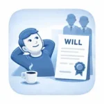 Relaxed client beside a completed Will icon, representing the reassurance of having a Basic Will professionally drafted by Wise Owl Wills.