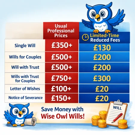 Wise Owl Wills fee comparison showing usual professional prices and limited-time reduced fees: single Will £350+ to £130, couples’ Wills £500+ to £200, Will with trust £500+ to £200, couples’ trust Wills £750+ to £300, Letter of Wishes £100+ to £20 and Notice of Severance £150+ to £20