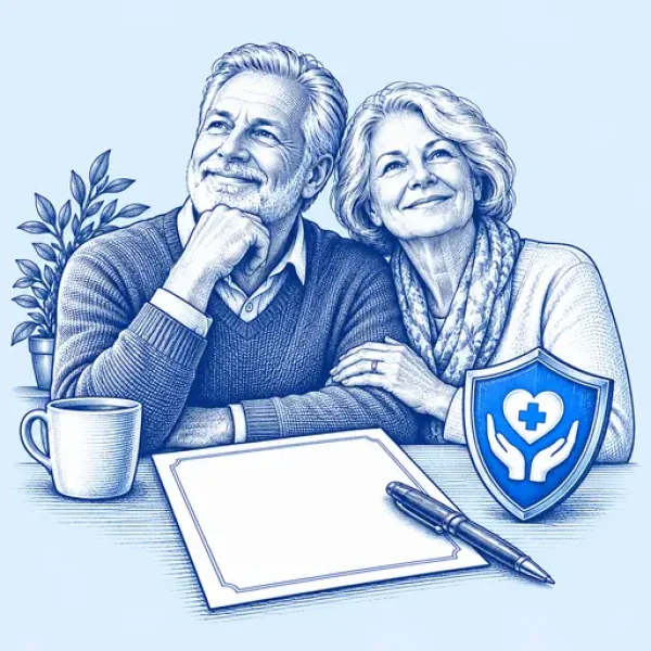 Older couple planning ahead with a document and healthcare shield