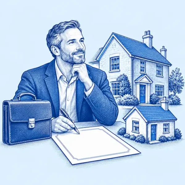 Property and business owner planning beside houses and a briefcase