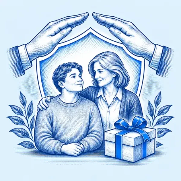 Family members protected by supportive hands beside a secured gift